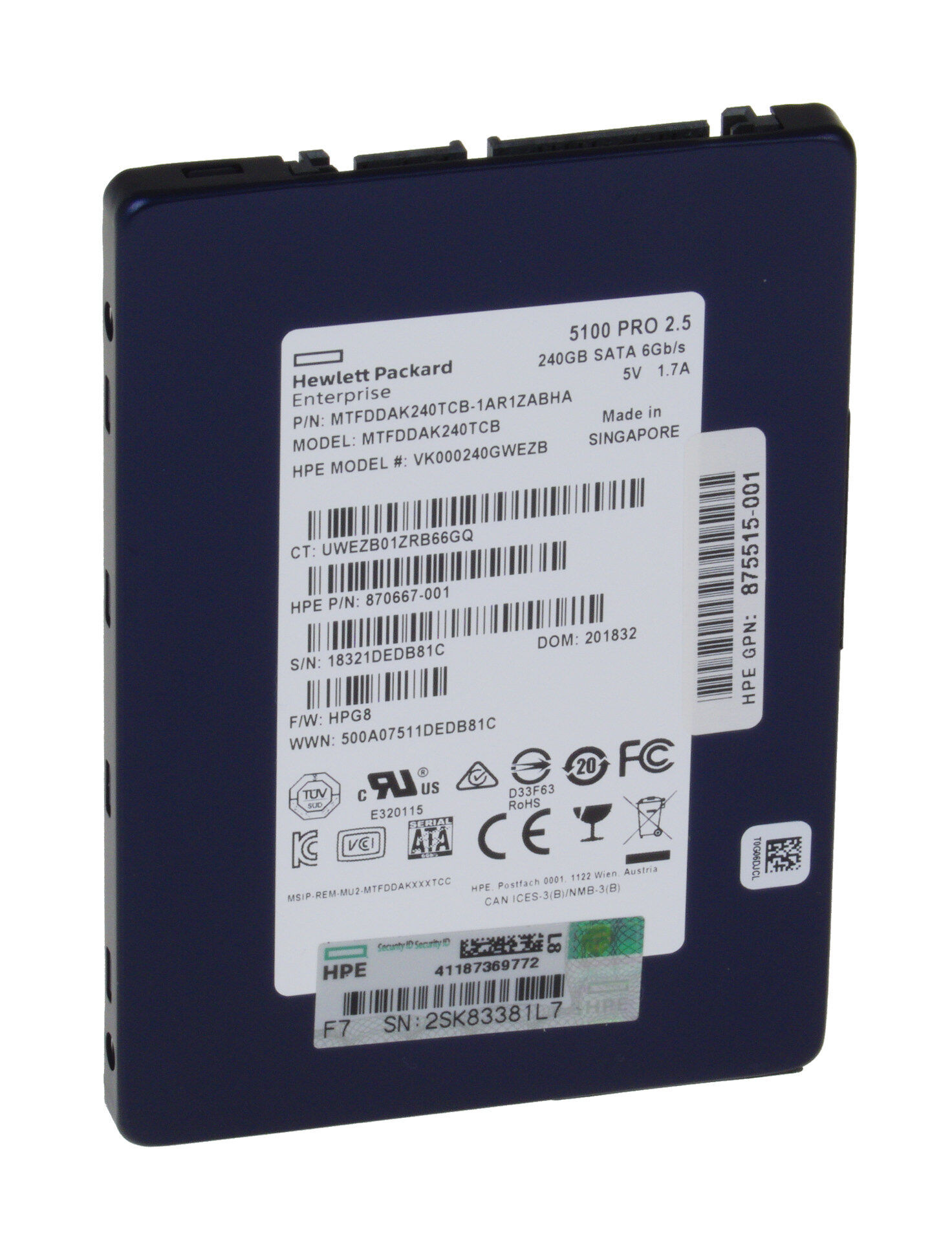 SSD Micron HPE 240GB SATA 6Gb MTFDDAK240TCB 5100 PRO 870667